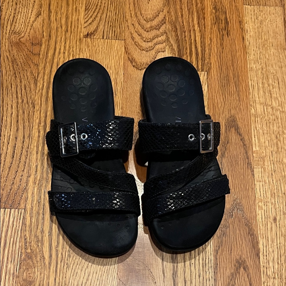Vionic Black Slide Sandals with Snakeskin Texture